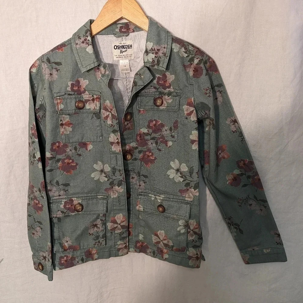 Oshkosh B'gosh green floral print denim jacket, girls size 14   G4